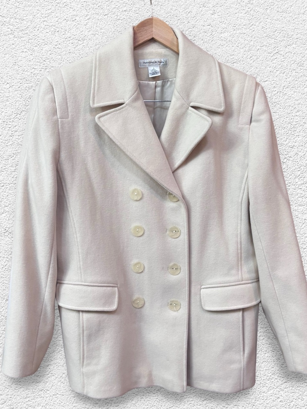Vintage Preston & York Women's Double-Breasted Cream Wool Coat Jacket Large